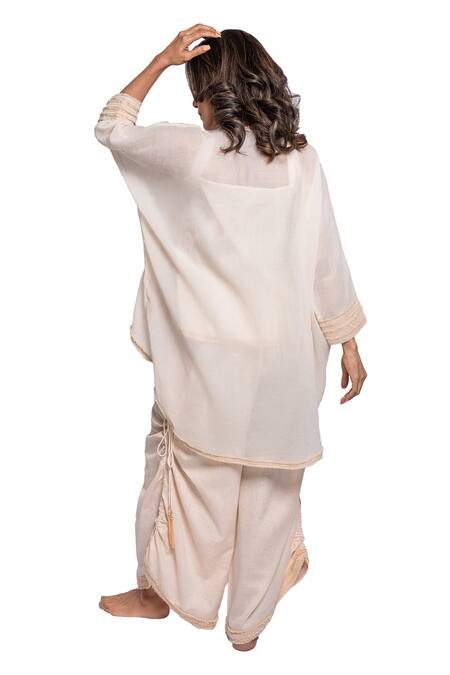 Shop_Anmol Kakad_Cream Cotton Embroidery Sleeve Cape Pant Set