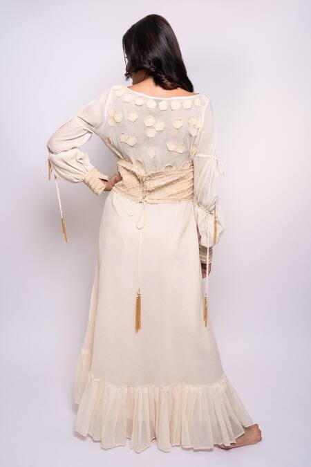 Shop Anmol Kakad Cream Cotton Embroidery, Tassels Boat Neck Applique Dress With Belt at Aza Fashions Shop_Anmol Kakad_Cream Cotton Embroidery, Tassels Boat Neck Applique Dress With Belt_at_Aza_Fashions