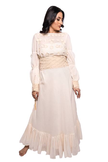 Anmol Kakad Cream Cotton Embroidery, Tassels Boat Neck Applique Dress With Belt Online at Aza Fashions Anmol Kakad_Cream Cotton Embroidery, Tassels Boat Neck Applique Dress With Belt_Online_at_Aza_Fashions