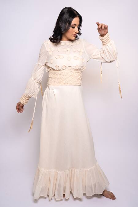 Buy Anmol Kakad Cream Cotton Embroidery, Tassels Boat Neck Applique Dress With Belt Online at Aza Fashions Buy_Anmol Kakad_Cream Cotton Embroidery, Tassels Boat Neck Applique Dress With Belt_Online_at_Aza_Fashions