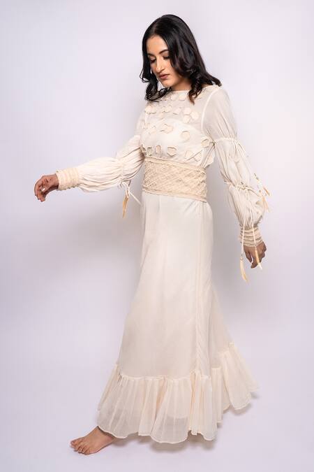 Shop Anmol Kakad Cream Cotton Embroidery, Tassels Boat Neck Applique Dress With Belt Online at Aza Fashions Shop_Anmol Kakad_Cream Cotton Embroidery, Tassels Boat Neck Applique Dress With Belt_Online_at_Aza_Fashions