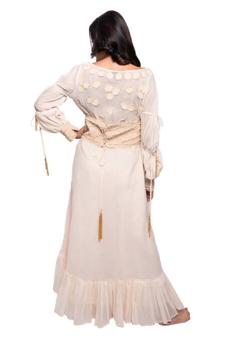 Anmol Kakad Cream Cotton Embroidery, Tassels Boat Neck Applique Dress With Belt at Aza Fashions Anmol Kakad_Cream Cotton Embroidery, Tassels Boat Neck Applique Dress With Belt_at_Aza_Fashions