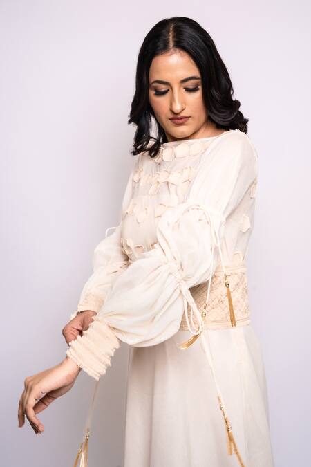 Buy Anmol Kakad Cream Cotton Embroidery, Tassels Boat Neck Applique Dress With Belt Buy_Anmol Kakad_Cream Cotton Embroidery, Tassels Boat Neck Applique Dress With Belt