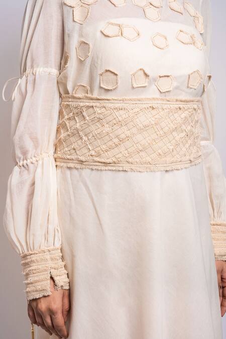 Shop Anmol Kakad Cream Cotton Embroidery, Tassels Boat Neck Applique Dress With Belt Shop_Anmol Kakad_Cream Cotton Embroidery, Tassels Boat Neck Applique Dress With Belt