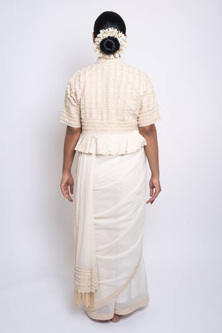 Shop Anmol Kakad Cream , Satin Applique Border Embroidered Saree Set With Jacket at Aza Fashions Shop_Anmol Kakad_Cream , Satin Applique Border Embroidered Saree Set With Jacket_at_Aza_Fashions