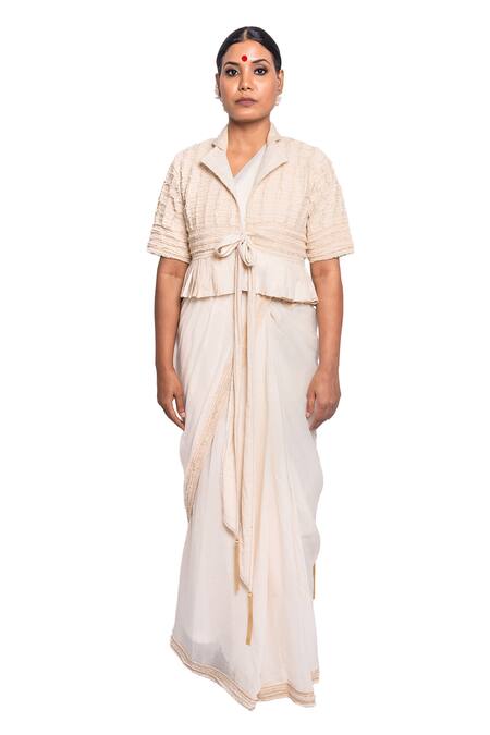 Buy Anmol Kakad Cream , Satin Applique Border Embroidered Saree Set With Jacket Buy_Anmol Kakad_Cream , Satin Applique Border Embroidered Saree Set With Jacket