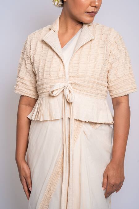 Shop Anmol Kakad Cream , Satin Applique Border Embroidered Saree Set With Jacket Shop_Anmol Kakad_Cream , Satin Applique Border Embroidered Saree Set With Jacket