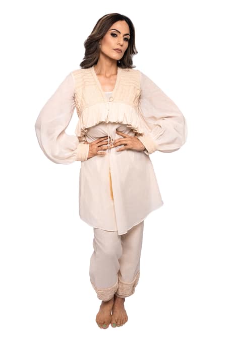Anmol Kakad Cream Cotton Fringe, Applique V-neck Embroidered Jacket Pant Set Online at Aza Fashions Anmol Kakad_Cream Cotton Fringe, Applique V-neck Embroidered Jacket Pant Set_Online_at_Aza_Fashions