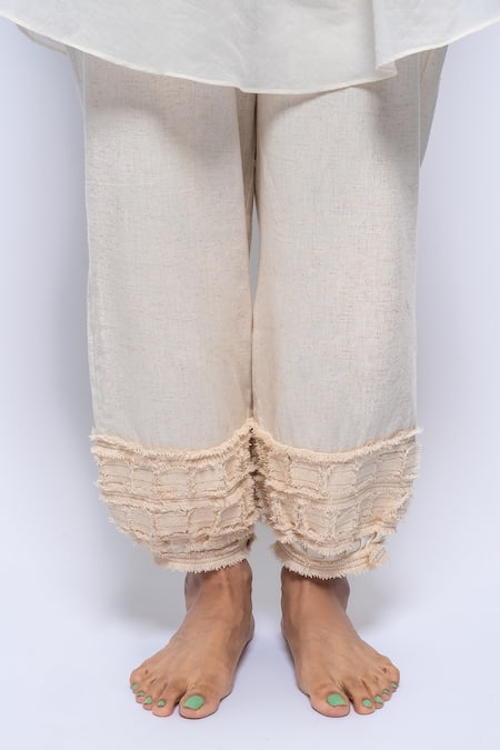 Shop Anmol Kakad Cream Cotton Fringe, Applique V-neck Embroidered Jacket Pant Set Online at Aza Fashions Shop_Anmol Kakad_Cream Cotton Fringe, Applique V-neck Embroidered Jacket Pant Set_Online_at_Aza_Fashions