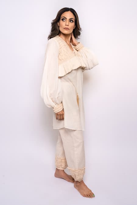 Anmol Kakad Cream Cotton Fringe, Applique V-neck Embroidered Jacket Pant Set at Aza Fashions Anmol Kakad_Cream Cotton Fringe, Applique V-neck Embroidered Jacket Pant Set_at_Aza_Fashions