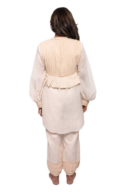 Buy Anmol Kakad Cream Cotton Fringe, Applique V-neck Embroidered Jacket Pant Set Buy_Anmol Kakad_Cream Cotton Fringe, Applique V-neck Embroidered Jacket Pant Set