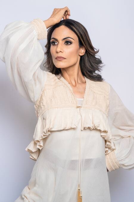 Shop Anmol Kakad Cream Cotton Fringe, Applique V-neck Embroidered Jacket Pant Set Shop_Anmol Kakad_Cream Cotton Fringe, Applique V-neck Embroidered Jacket Pant Set
