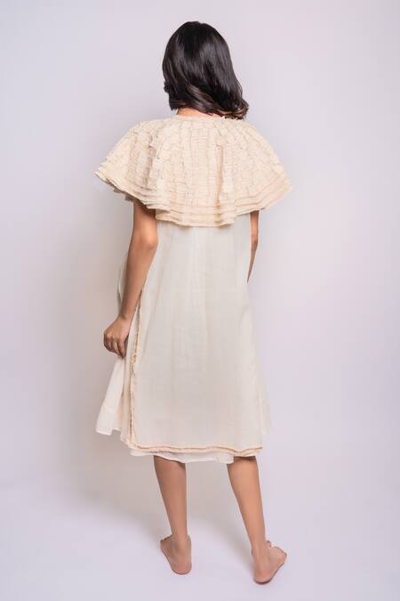 Shop Anmol Kakad Cream Cotton, Silk Embroidery Round Neck Double Layered Dress With Cape at Aza Fashions Shop_Anmol Kakad_Cream Cotton, Silk Embroidery Round Neck Double Layered Dress With Cape_at_Aza_Fashions