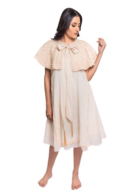 Anmol Kakad Cream Cotton, Silk Embroidery Round Neck Double Layered Dress With Cape Online at Aza Fashions Anmol Kakad_Cream Cotton, Silk Embroidery Round Neck Double Layered Dress With Cape_Online_at_Aza_Fashions
