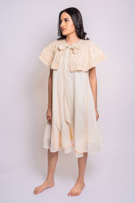Buy Anmol Kakad Cream Cotton, Silk Embroidery Round Neck Double Layered Dress With Cape Online at Aza Fashions Buy_Anmol Kakad_Cream Cotton, Silk Embroidery Round Neck Double Layered Dress With Cape_Online_at_Aza_Fashions