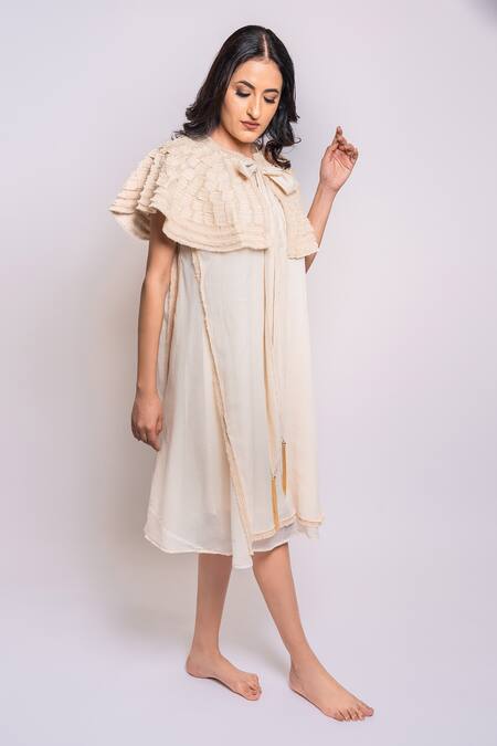 Shop Anmol Kakad Cream Cotton, Silk Embroidery Round Neck Double Layered Dress With Cape Online at Aza Fashions Shop_Anmol Kakad_Cream Cotton, Silk Embroidery Round Neck Double Layered Dress With Cape_Online_at_Aza_Fashions