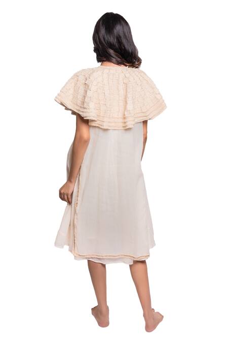 Anmol Kakad Cream Cotton, Silk Embroidery Round Neck Double Layered Dress With Cape at Aza Fashions Anmol Kakad_Cream Cotton, Silk Embroidery Round Neck Double Layered Dress With Cape_at_Aza_Fashions