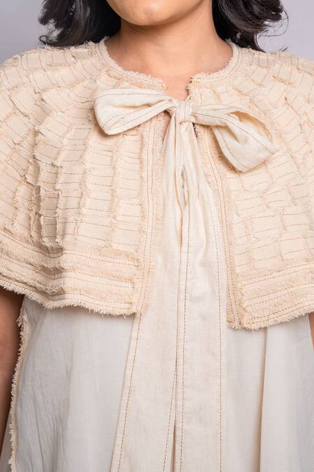 Buy Anmol Kakad Cream Cotton, Silk Embroidery Round Neck Double Layered Dress With Cape Buy_Anmol Kakad_Cream Cotton, Silk Embroidery Round Neck Double Layered Dress With Cape