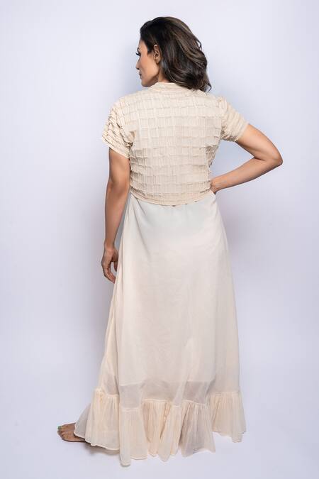 Shop Anmol Kakad Cream Cotton Embroidery Round Neck Ruffle Dress With Cropped Jacket at Aza Fashions Shop_Anmol Kakad_Cream Cotton Embroidery Round Neck Ruffle Dress With Cropped Jacket_at_Aza_Fashions