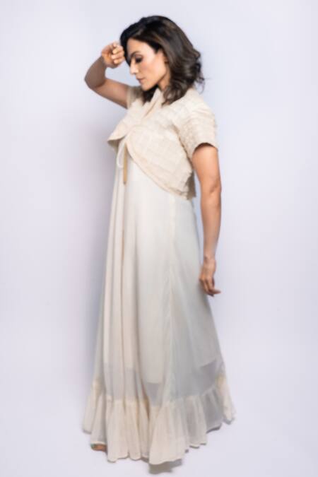 Shop Anmol Kakad Cream Cotton Embroidery Round Neck Ruffle Dress With Cropped Jacket Online at Aza Fashions Shop_Anmol Kakad_Cream Cotton Embroidery Round Neck Ruffle Dress With Cropped Jacket_Online_at_Aza_Fashions