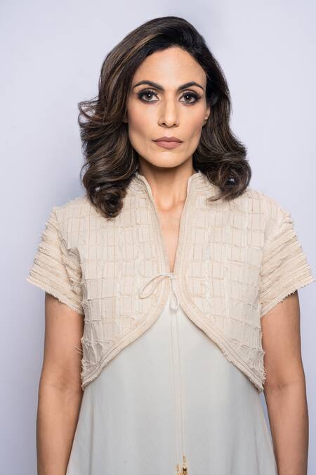 Anmol Kakad Cream Cotton Embroidery Round Neck Ruffle Dress With Cropped Jacket at Aza Fashions Anmol Kakad_Cream Cotton Embroidery Round Neck Ruffle Dress With Cropped Jacket_at_Aza_Fashions