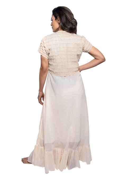 Buy Anmol Kakad Cream Cotton Embroidery Round Neck Ruffle Dress With Cropped Jacket Buy_Anmol Kakad_Cream Cotton Embroidery Round Neck Ruffle Dress With Cropped Jacket