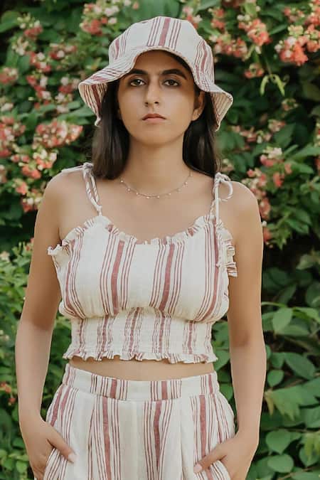 Buy_Akashi Clothing_Cream Cotton Round Neck String Strap Sheered Crop Top _Online_at_Aza_Fashions