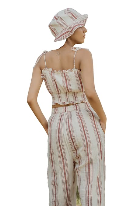 Akashi Clothing_Cream Cotton Round Neck String Strap Sheered Crop Top _at_Aza_Fashions