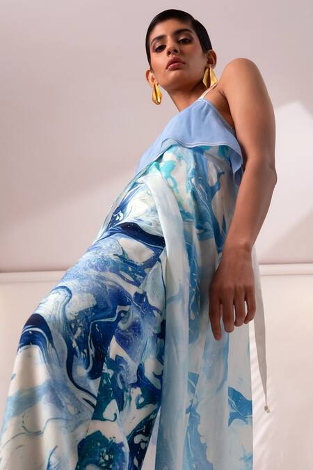Madder Much Blue Modal, Silk Square Neck Marble Swerve Print Tunic And Flared Pant Set Online at Aza Fashions Madder Much_Blue Modal, Silk Square Neck Marble Swerve Print Tunic And Flared Pant Set _Online_at_Aza_Fashions