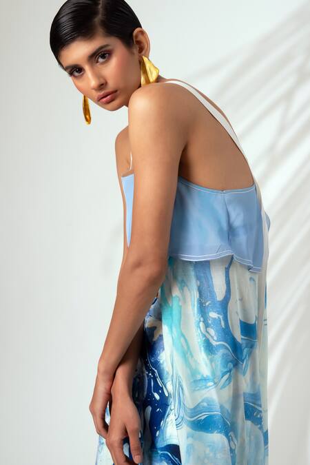 Shop Madder Much Blue Modal, Silk Square Neck Marble Swerve Print Tunic And Flared Pant Set Online at Aza Fashions Shop_Madder Much_Blue Modal, Silk Square Neck Marble Swerve Print Tunic And Flared Pant Set _Online_at_Aza_Fashions