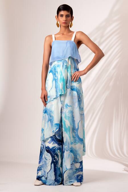 Madder Much Blue Modal, Silk Square Neck Marble Swerve Print Tunic And Flared Pant Set at Aza Fashions Madder Much_Blue Modal, Silk Square Neck Marble Swerve Print Tunic And Flared Pant Set _at_Aza_Fashions