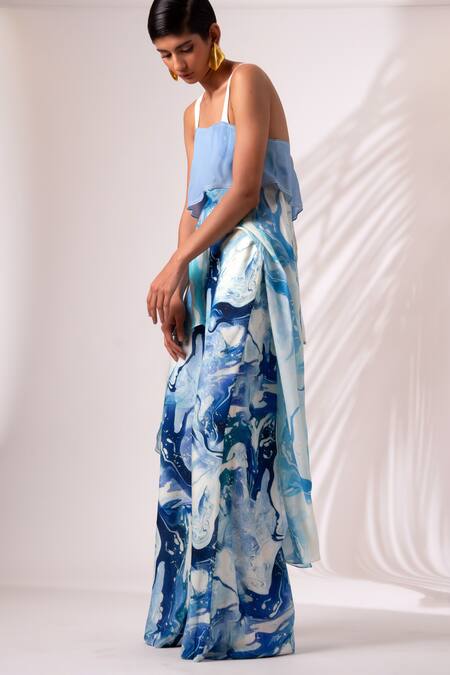 Buy Madder Much Blue Modal, Silk Square Neck Marble Swerve Print Tunic And Flared Pant Set Buy_Madder Much_Blue Modal, Silk Square Neck Marble Swerve Print Tunic And Flared Pant Set
