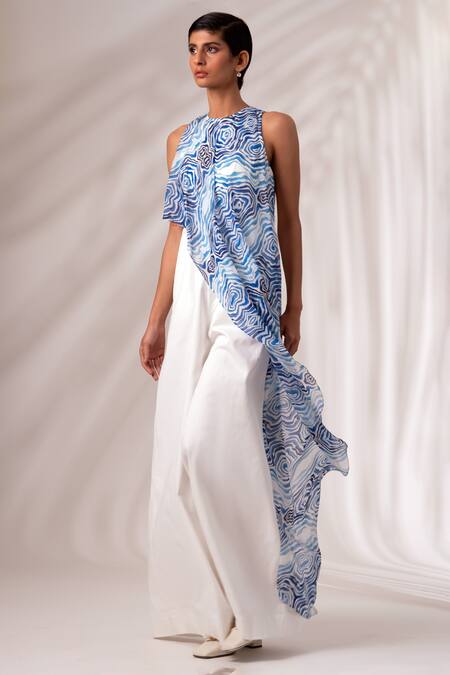 Buy_Madder Much_Multi Color Organza, Linen Halter Neck Andes Ripple Print Tall Flowy Jumpsuit _Online_at_Aza_Fashions