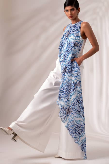 Shop_Madder Much_Multi Color Organza, Linen Halter Neck Andes Ripple Print Tall Flowy Jumpsuit _Online_at_Aza_Fashions