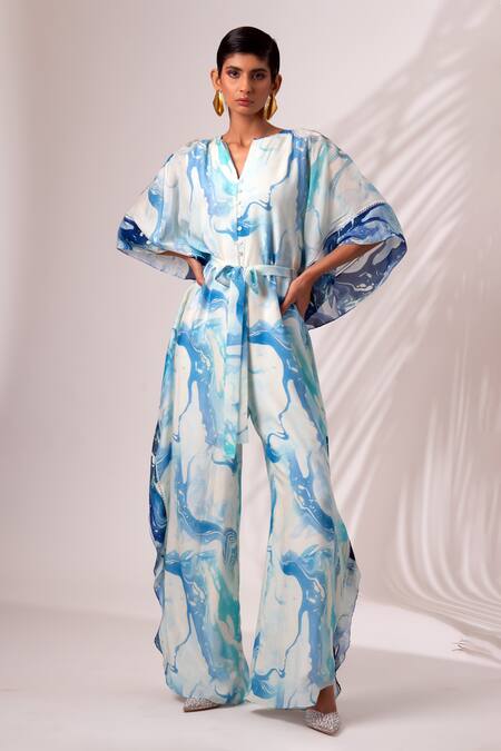 Madder Much Multi Color Rayon, Modal, Silk Boat Dakota Marble Tide Print Kaftan Jumpsuit at Aza Fashions Madder Much_Multi Color Rayon, Modal, Silk Boat Dakota Marble Tide Print Kaftan Jumpsuit _at_Aza_Fashions