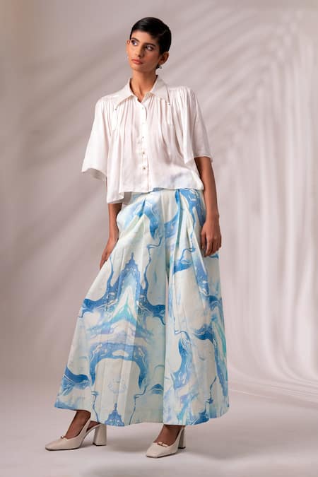 Shop Madder Much White Modal Collared Sleeve Top And Marble Print Culottes at Aza Fashions Shop_Madder Much_White Modal Collared Sleeve Top And Marble Print Culottes _at_Aza_Fashions