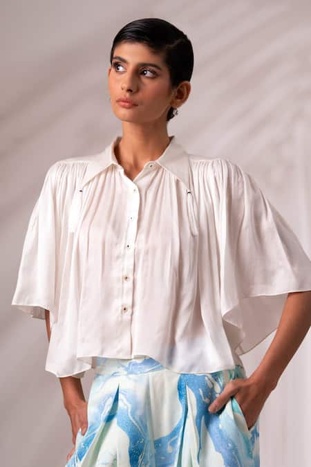 Madder Much White Modal Collared Sleeve Top And Marble Print Culottes Online at Aza Fashions Madder Much_White Modal Collared Sleeve Top And Marble Print Culottes _Online_at_Aza_Fashions