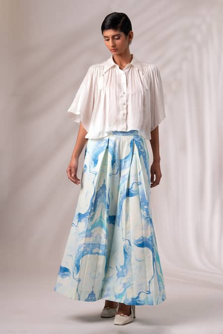 Buy Madder Much White Modal Collared Sleeve Top And Marble Print Culottes Online at Aza Fashions Buy_Madder Much_White Modal Collared Sleeve Top And Marble Print Culottes _Online_at_Aza_Fashions