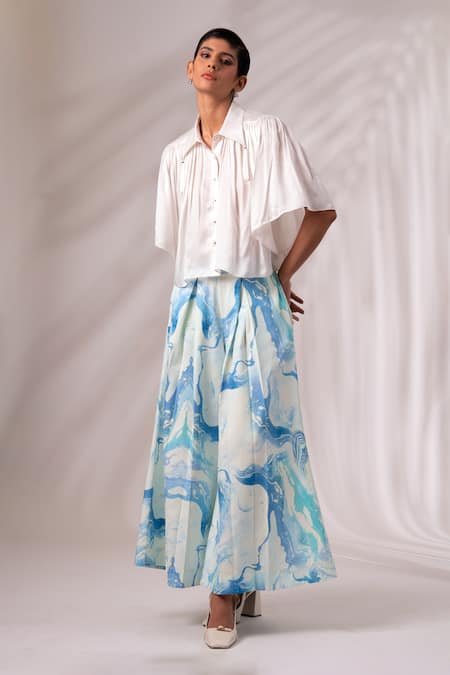 Shop Madder Much White Modal Collared Sleeve Top And Marble Print Culottes Online at Aza Fashions Shop_Madder Much_White Modal Collared Sleeve Top And Marble Print Culottes _Online_at_Aza_Fashions