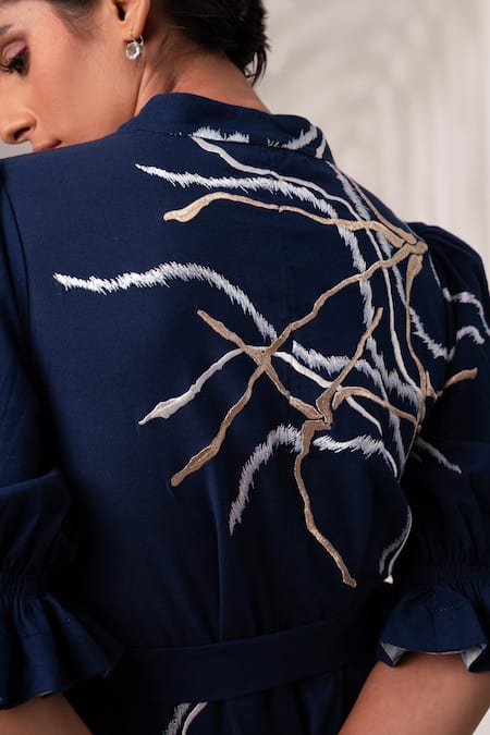 Madder Much_Blue Cotton Embroidery V-neck Kai River Delta Shirt Dress With Belt _Online_at_Aza_Fashions