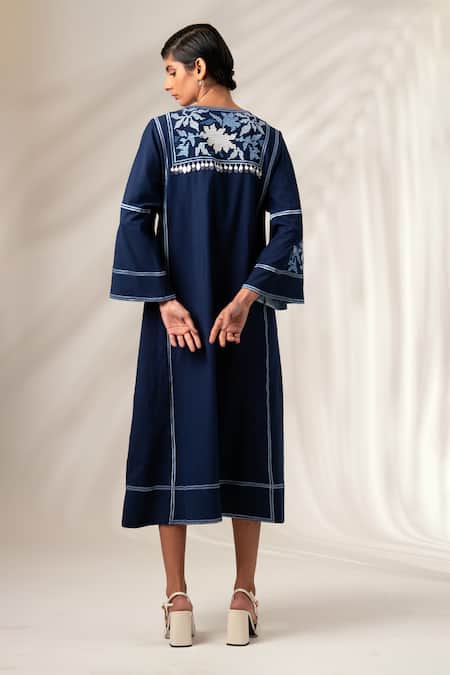 Shop Madder Much Blue Cotton Sequins, Embroidery Round Neck Marlin Ambrosia Midi Dress at Aza Fashions Shop_Madder Much_Blue Cotton Sequins, Embroidery Round Neck Marlin Ambrosia Midi Dress _at_Aza_Fashions