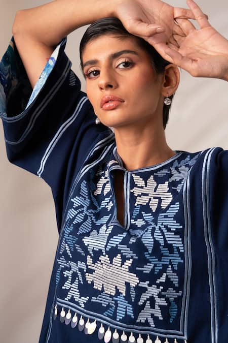 Buy Madder Much Blue Cotton Sequins, Embroidery Round Neck Marlin Ambrosia Midi Dress Online at Aza Fashions Buy_Madder Much_Blue Cotton Sequins, Embroidery Round Neck Marlin Ambrosia Midi Dress _Online_at_Aza_Fashions