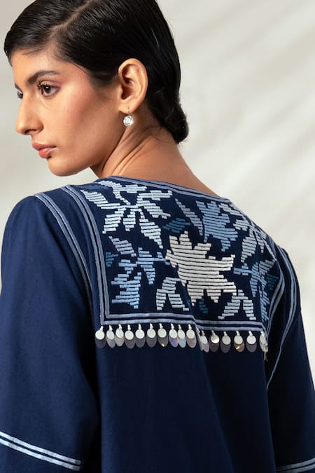 Shop Madder Much Blue Cotton Sequins, Embroidery Round Neck Marlin Ambrosia Midi Dress Online at Aza Fashions Shop_Madder Much_Blue Cotton Sequins, Embroidery Round Neck Marlin Ambrosia Midi Dress _Online_at_Aza_Fashions