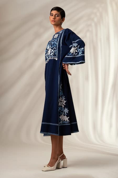 Madder Much Blue Cotton Sequins, Embroidery Round Neck Marlin Ambrosia Midi Dress at Aza Fashions Madder Much_Blue Cotton Sequins, Embroidery Round Neck Marlin Ambrosia Midi Dress _at_Aza_Fashions