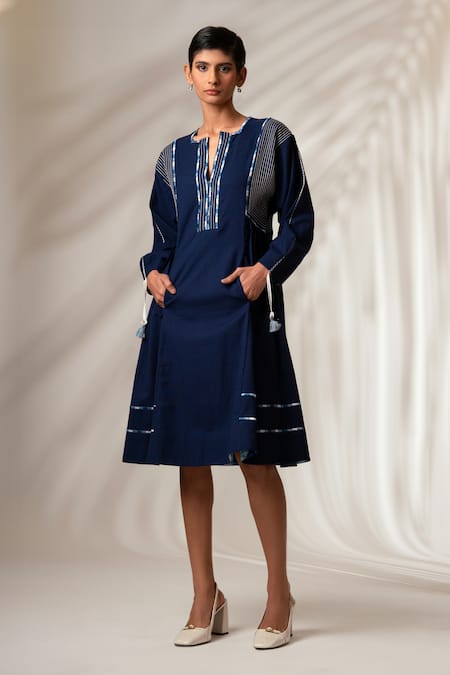 Madder Much Blue 100% Cotton Embroidery Thread Notched Square Nixie Pinstripe Midi Dress 