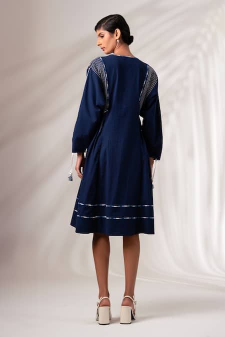 Shop Madder Much Blue Cotton Embroidery Square Neck Indigo Midi Dress at Aza Fashions Shop_Madder Much_Blue Cotton Embroidery Square Neck Indigo Midi Dress _at_Aza_Fashions