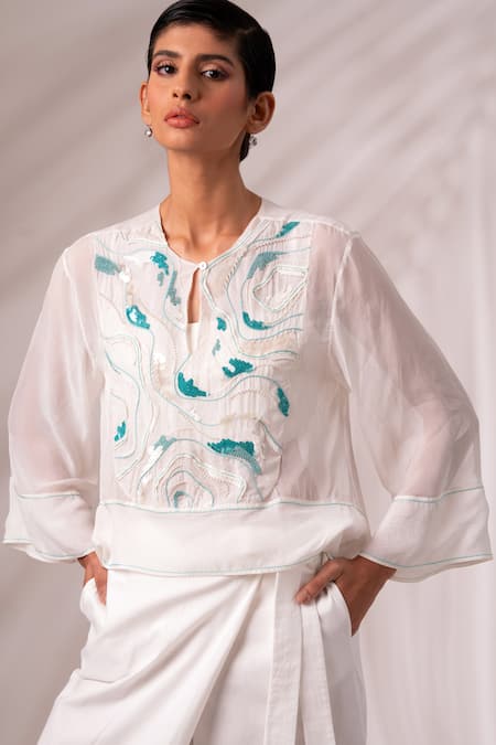 Buy Madder Much White Cotton Sequins, Embroidery Round Neck Ruben Wave Top Pant Set Online at Aza Fashions Buy_Madder Much_White Cotton Sequins, Embroidery Round Neck Ruben Wave Top Pant Set _Online_at_Aza_Fashions