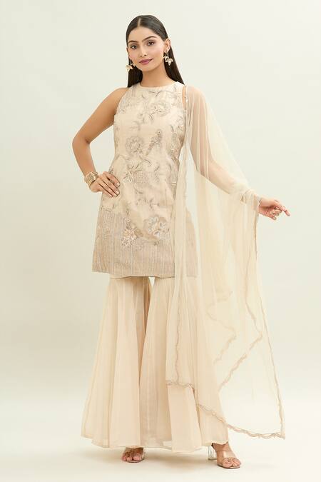 Buy_Shreeka_Beige Organza, Satin, Gardenia Chintz Embroidered Kurti Gharara Set _Online_at_Aza_Fashions