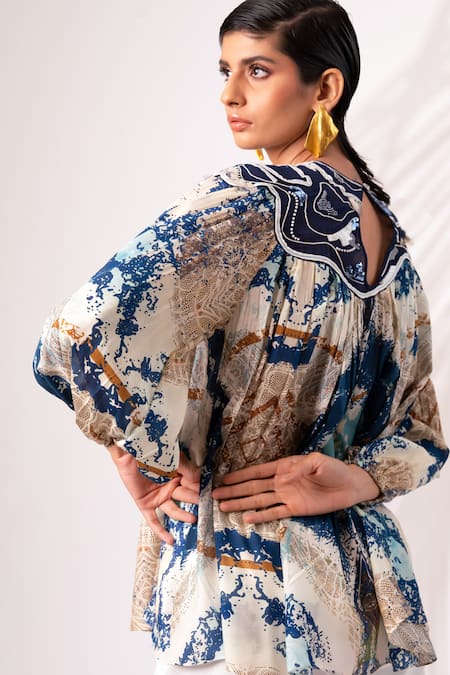 Shop Madder Much Multi Color Silk, Modal Embroidery High Arvo Abstract Paint Print Top Pant Set at Aza Fashions Shop_Madder Much_Multi Color Silk, Modal Embroidery High Arvo Abstract Paint Print Top Pant Set _at_Aza_Fashions