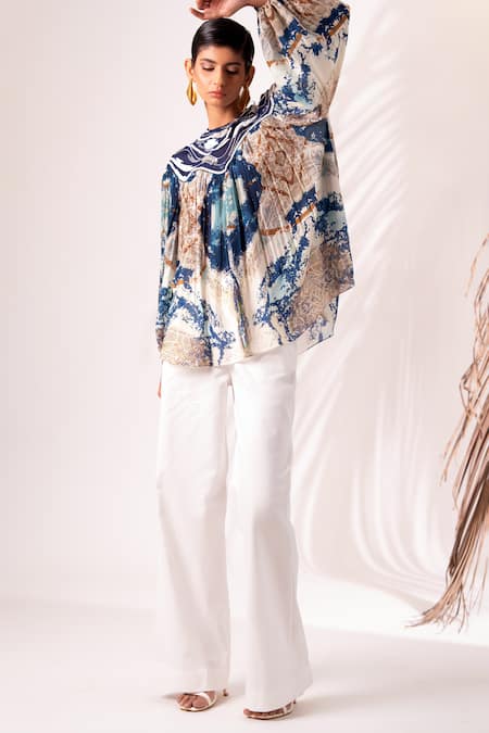 Shop Madder Much Multi Color Silk, Modal Embroidery High Arvo Abstract Paint Print Top Pant Set Online at Aza Fashions Shop_Madder Much_Multi Color Silk, Modal Embroidery High Arvo Abstract Paint Print Top Pant Set _Online_at_Aza_Fashions